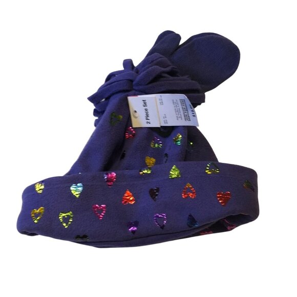 Basic Editions Girls Winter Fleece Hat & Mitten Set Purple Multicolor Hearts - Picture 1 of 4